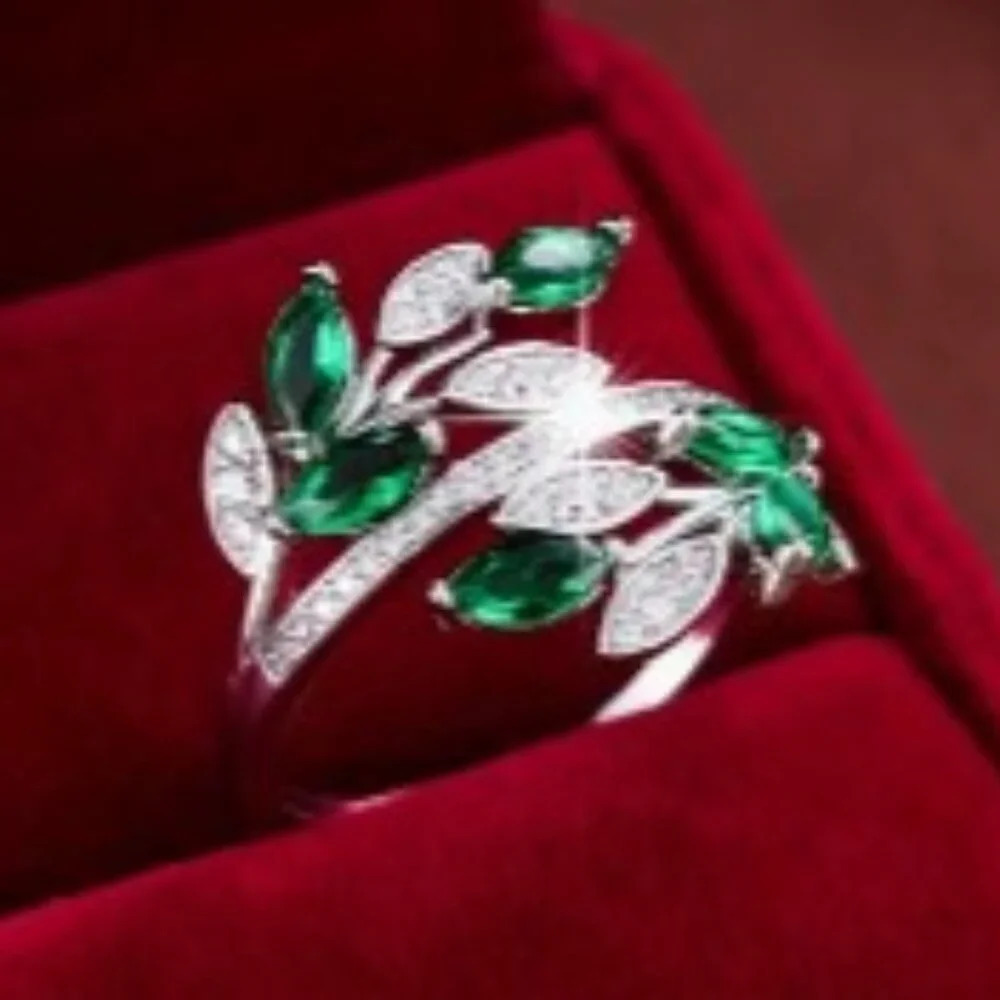 Elegant Leaf Design Ring with Sparkling Multi-Color Zirconia Size 8
